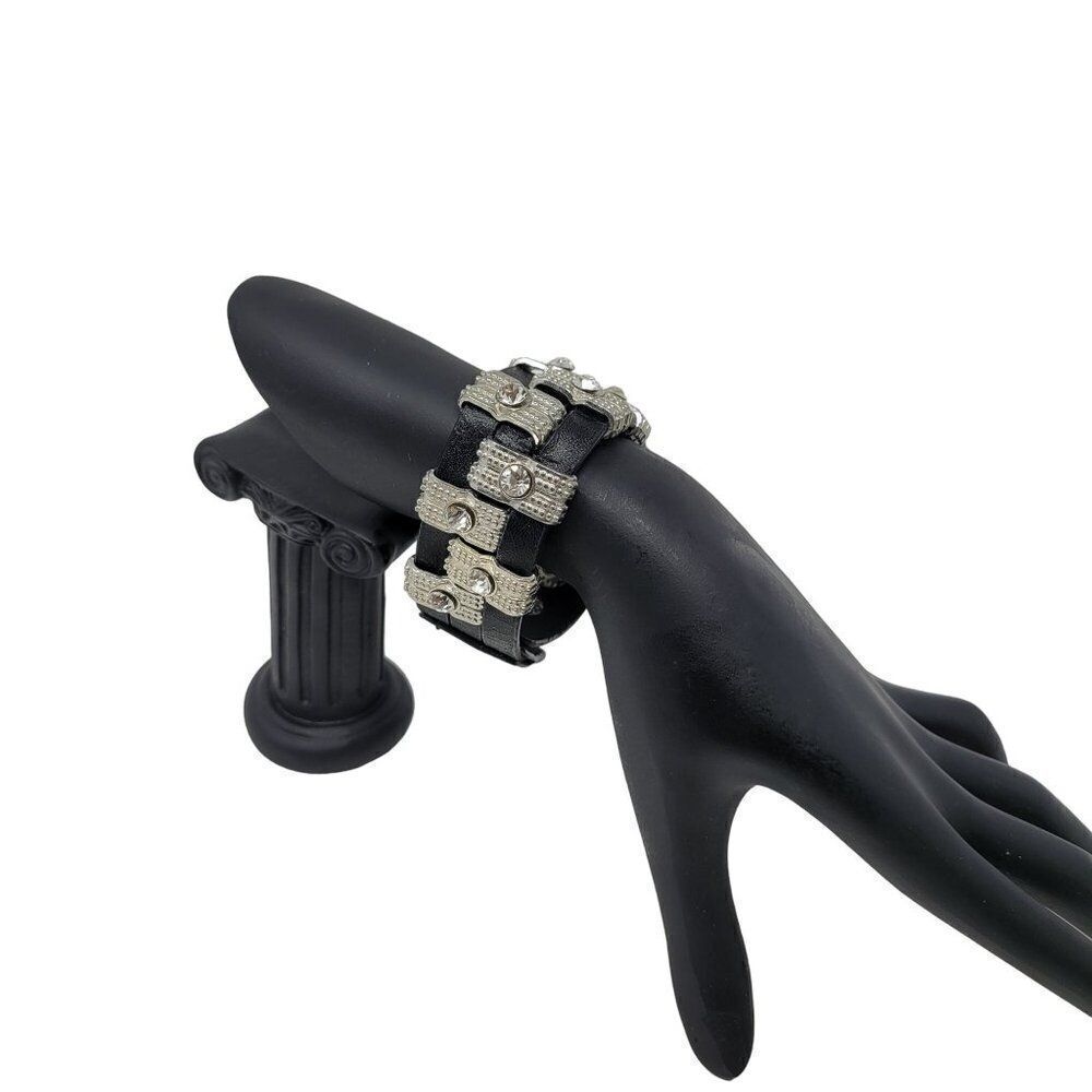 Steampunk Wide Black Leather Bracelet Checker Studded Rhinestone Streetwear‎ - Picture 8 of 8
